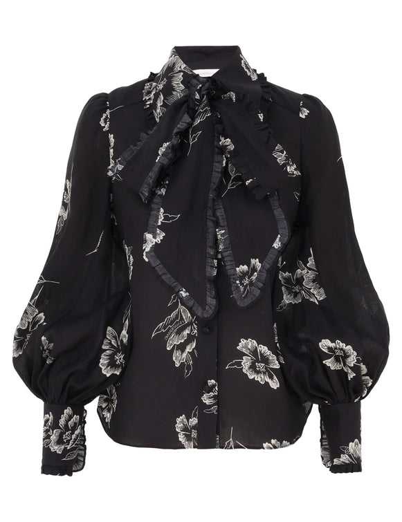 Ruffle Bow Shirt in Black Poppy