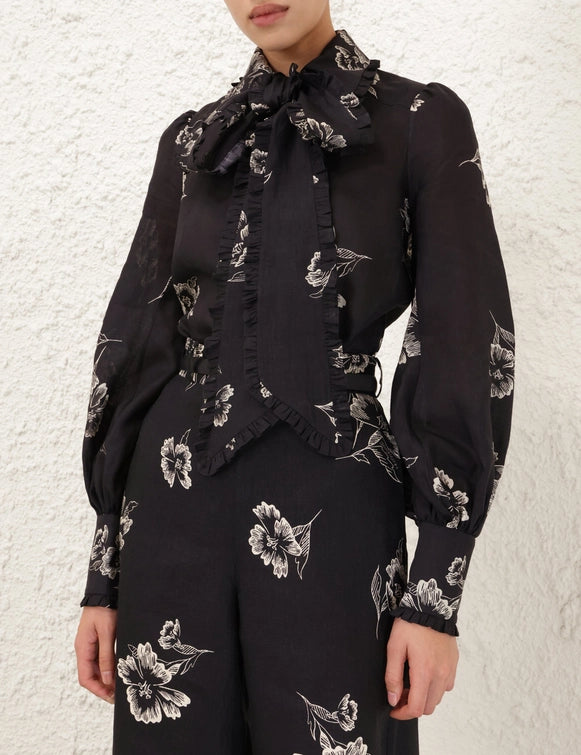 Ruffle Bow Shirt in Black Poppy