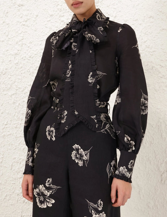 Ruffle Bow Shirt in Black Poppy