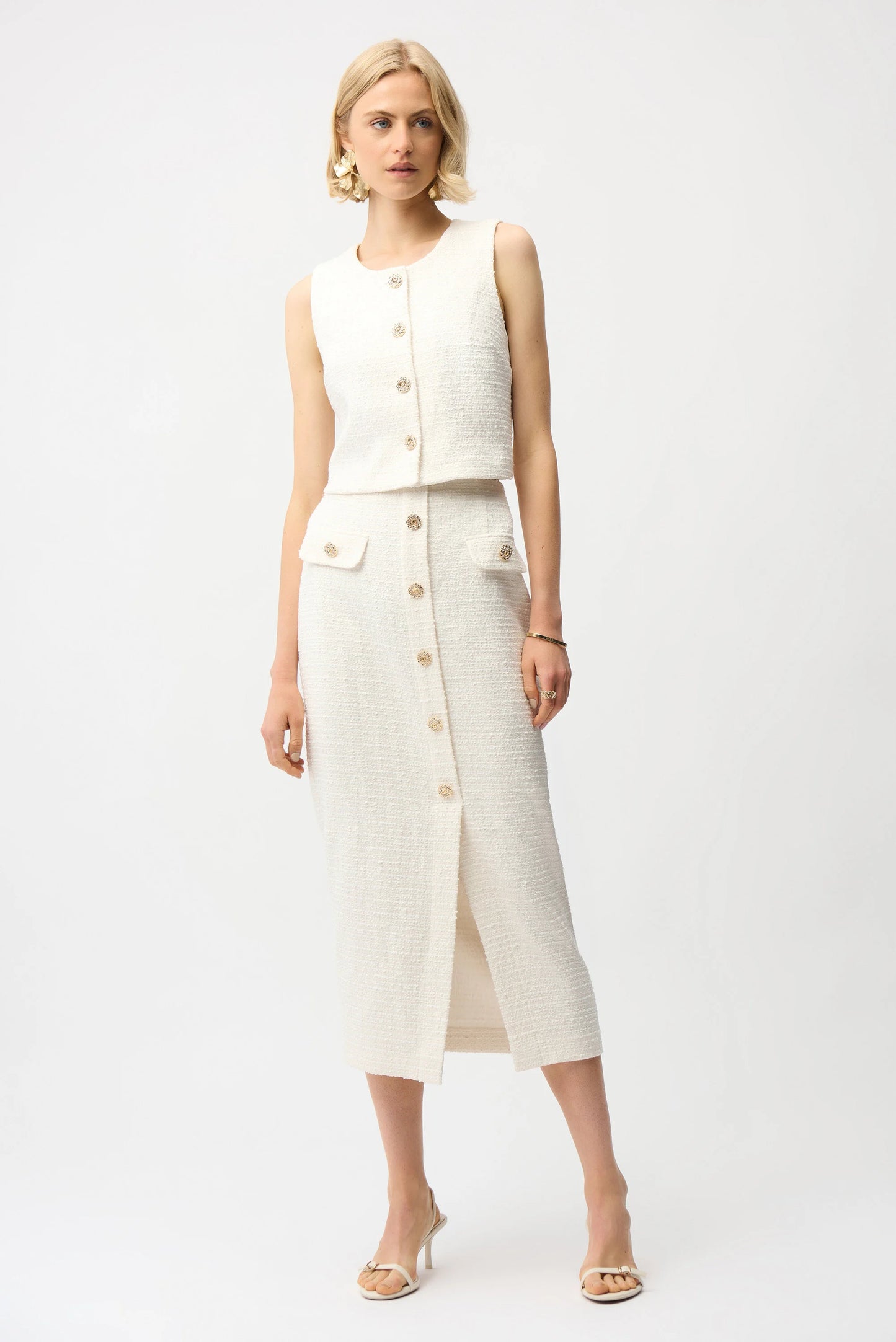 Bouclé Pencil Skirt With Gold Buttons