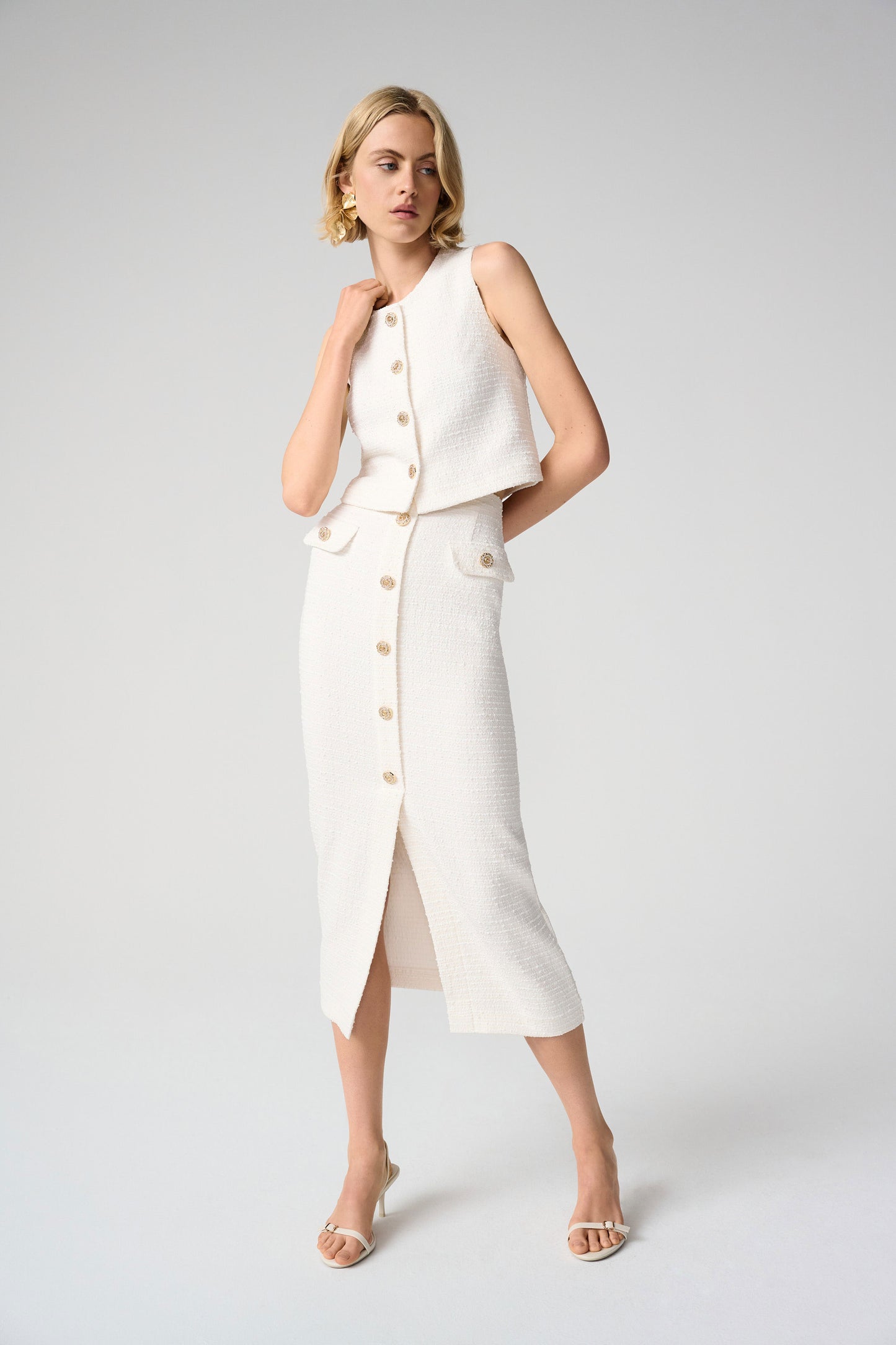 Bouclé Pencil Skirt With Gold Buttons