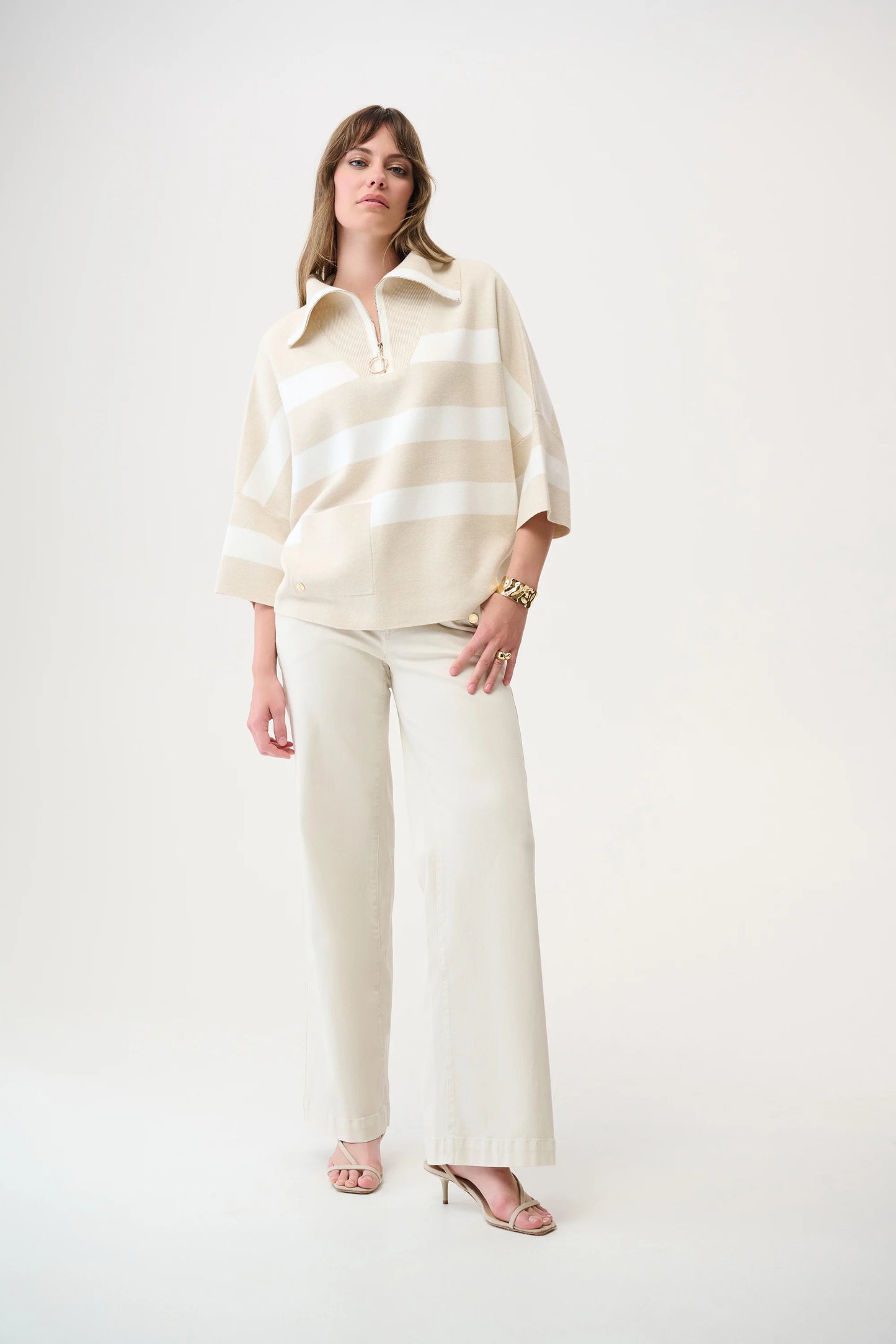 Brushed Viscose Stripe Print Boxy Sweater with Zipped Collar