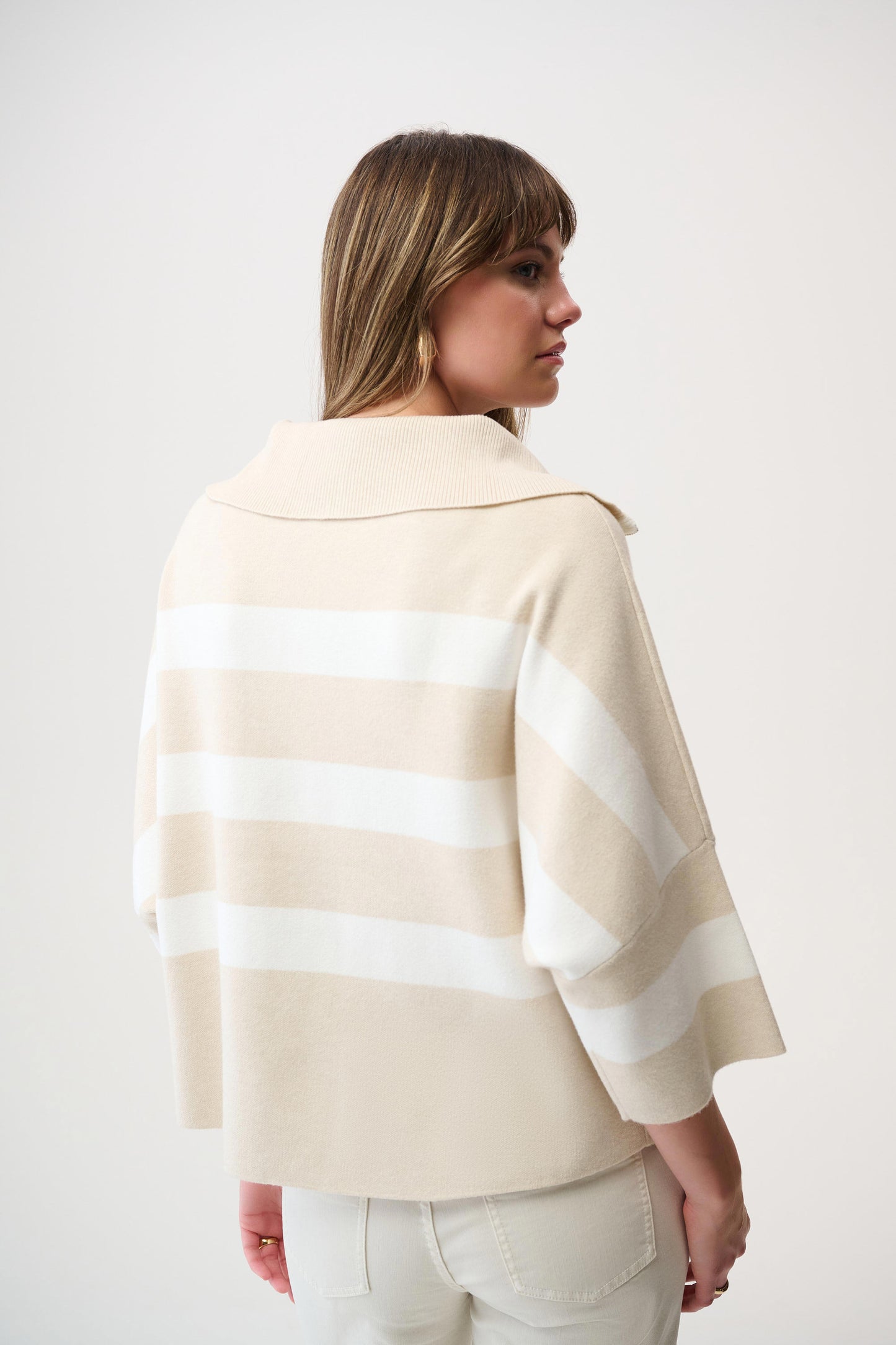 Brushed Viscose Stripe Print Boxy Sweater with Zipped Collar