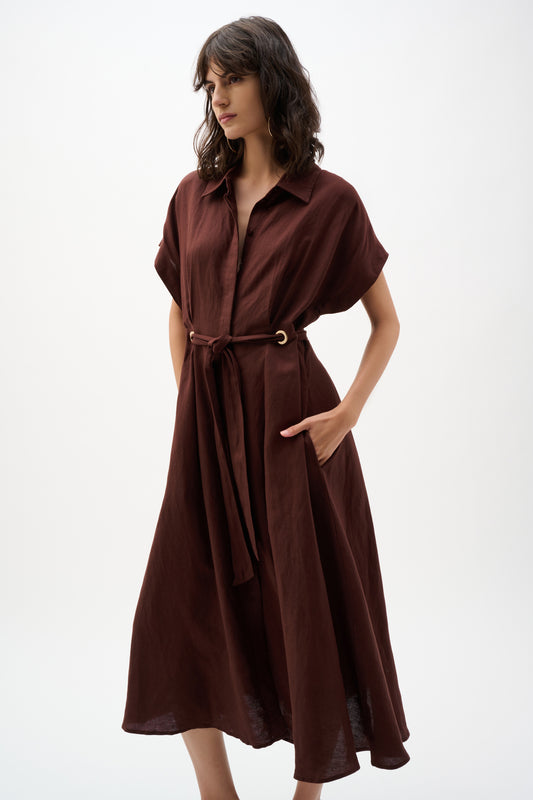Linen Blend Fit And Flare Shirt Dress With Sash