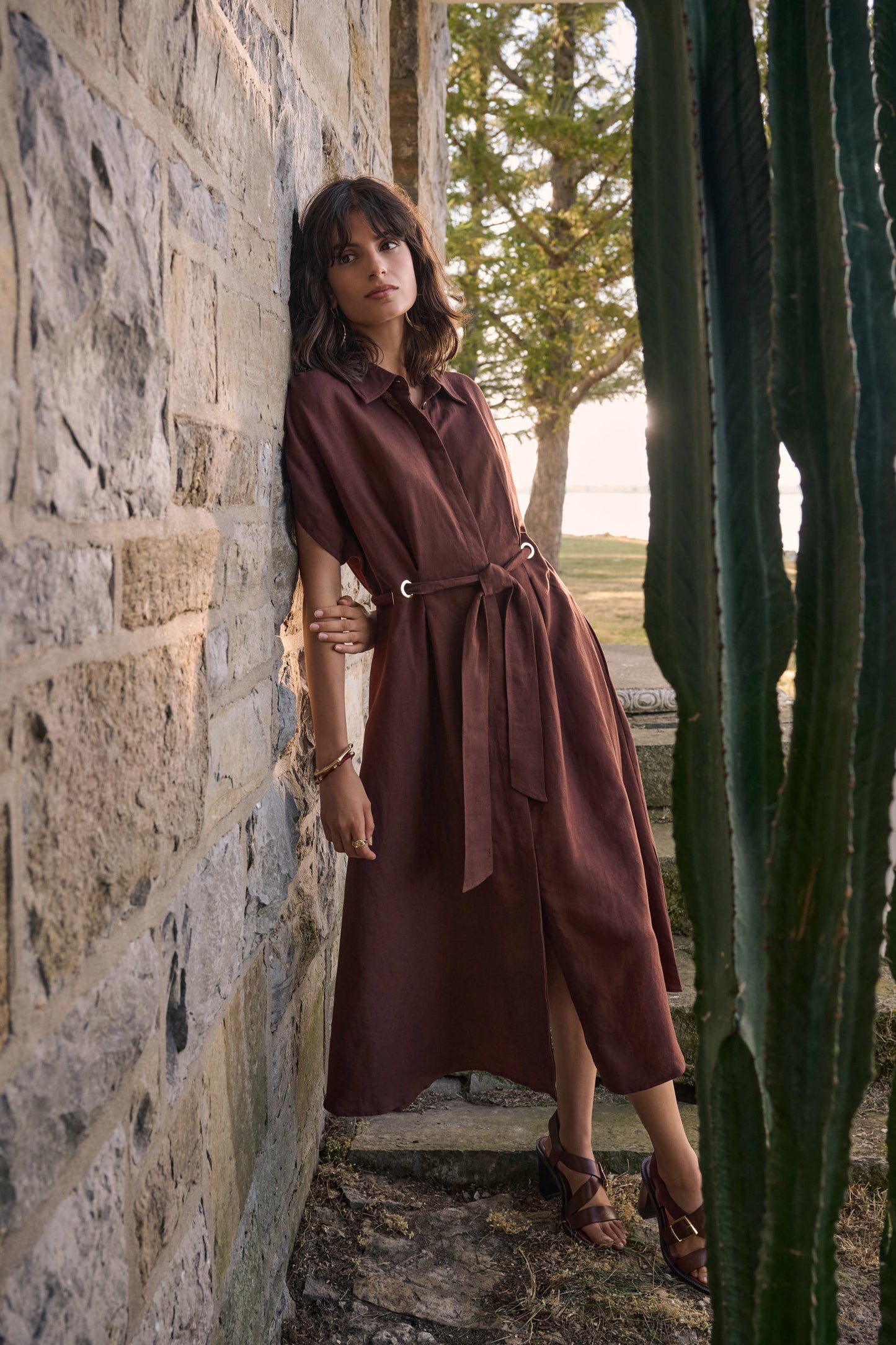 Linen Blend Fit And Flare Shirt Dress With Sash