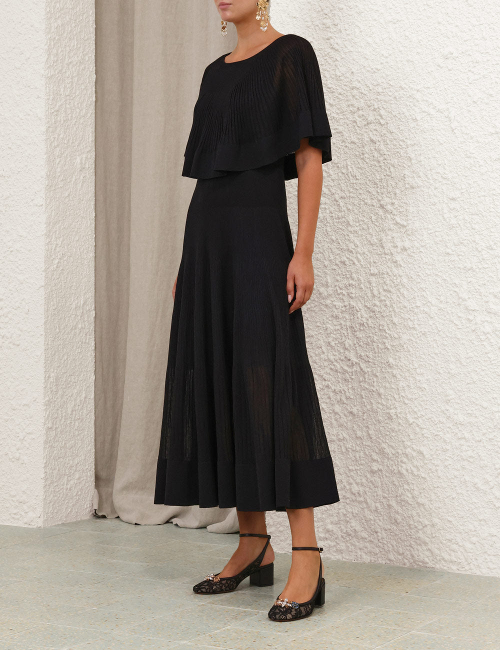 Crush Pleated Cape Maxi Dress