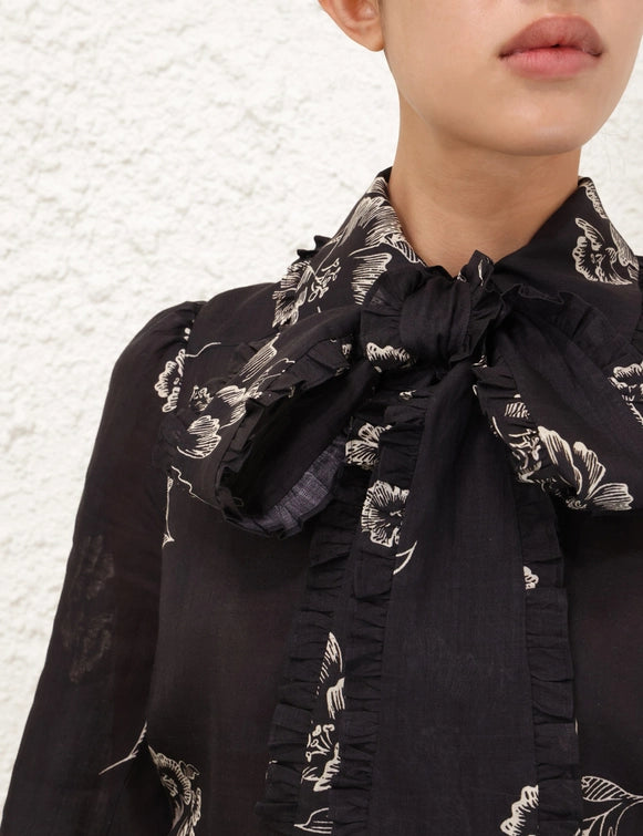 Ruffle Bow Shirt in Black Poppy